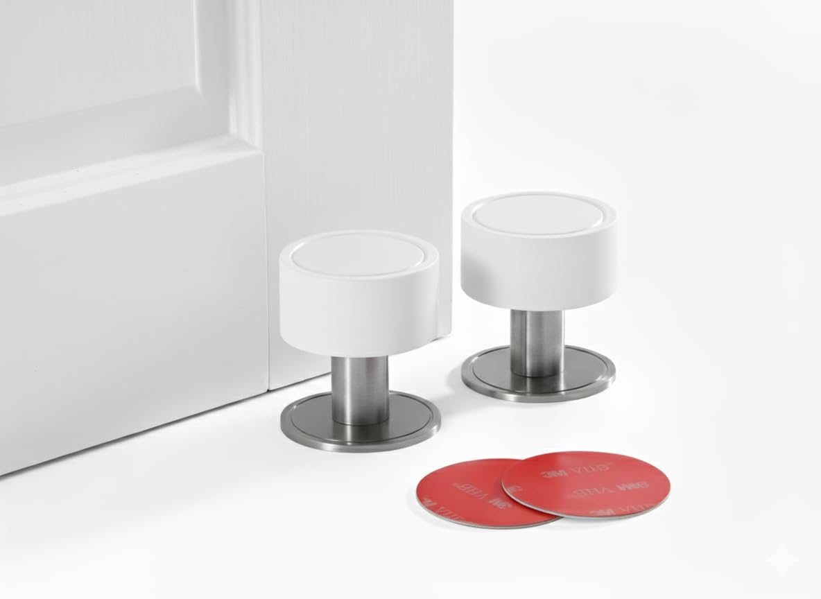 Affixers White 3M Self Adhesive Door Stop, 2-In-1 Installation With Tape Or Screws, Floor And Wall Mounted Door Stopper With Noise Dampening Rubber, Door Stoppers(, Pack Of 2)