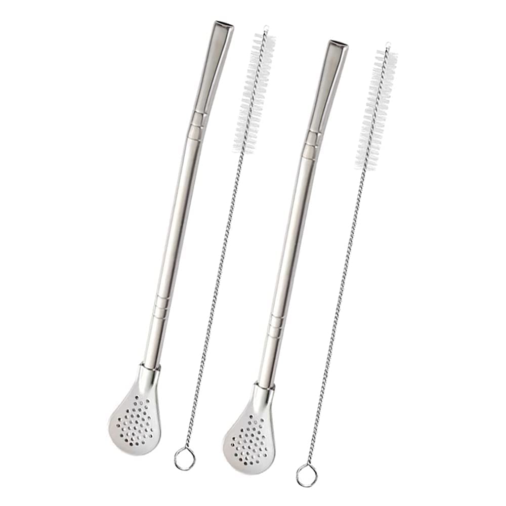 Dumleto 2-Pack Stainless Steel Yerba Mate Bombilla Straws with Filter Spoon – Detachable, Reusable Tea Straws for Loose Tea, Coffee, and Drinks – Includes 2 Cleaning Brushes, 7.2 (Silver)-image-4