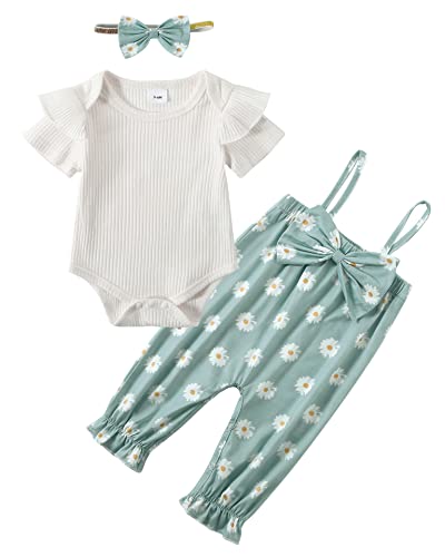 Soloyee Baby Girls Clothes 6-12 Months Summer Outfits 3Pcs Sets Rib Frill Short Sleeve Romper+Adjustable Suspender Pants+Bow Headband #TOP7