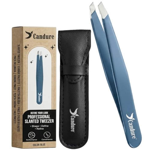 Candure Professional Slanted Tweezers for Men and Women Precision Stainless Steel Tweezer for Brow Chin Facial Hair Ingrown Hair & Plucking with Leather Pouch (Blue)