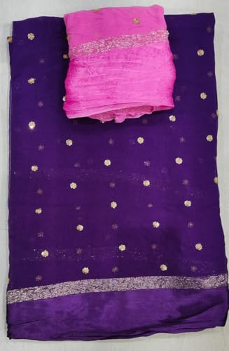 Image of Pure Georgette Sequence Work Saree with Contrast Blouse, Satan Patta Fabric