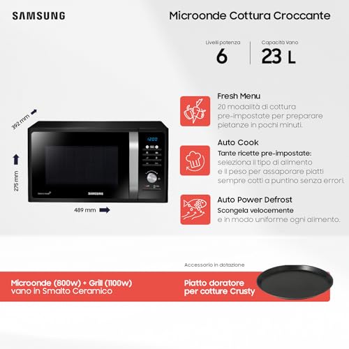 Samsung Forno a Microonde Grill a libera installazione Healthy Cooking MG2AF301TCK/ET, Piatto doratore, QuickDefrost, Microonde + Grill 800 W + 1100 W, 23 L, 49l x 27,5h x 39p cm, Nero - Immagine 1