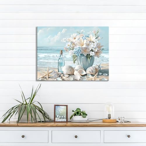 Miniatura 3 de Marco De Madera Cuadros Moderno Océano Azul Paisaje Costero Cuadros Decorativos Lienzo Pintura Flor De Hortensias En Florero Imagen Cuadro Decoracion Salon Baño Dormitorio Sala De Estudio 30x40cm