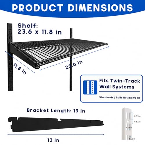 16.5-Inch Double-Track Shelf Brackets Kit, 12 Pack – 8 Brackets + 4 Wire Shelves (23.6 x 15.7 in), Metal Shelving Set for Twin-Track Wall Systems, Black by thedmladies - Used condition - Image 2