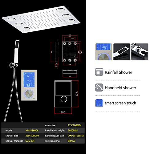 Sistema de ducha LED cuadrado de 14" x 20" con pantalla táctil LCD y montaje en techo en acero inoxidable pulido miniatura 5