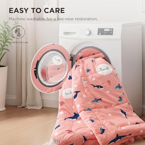 Image of 200 GSM 400 TC Kids Glace Cotton Reversible Cartoon Printed Double Bed King Size Comforter with Matching Bedsheet 90 * 100 with 2 Pillow Covers Set of 4 Pieces (Shark)