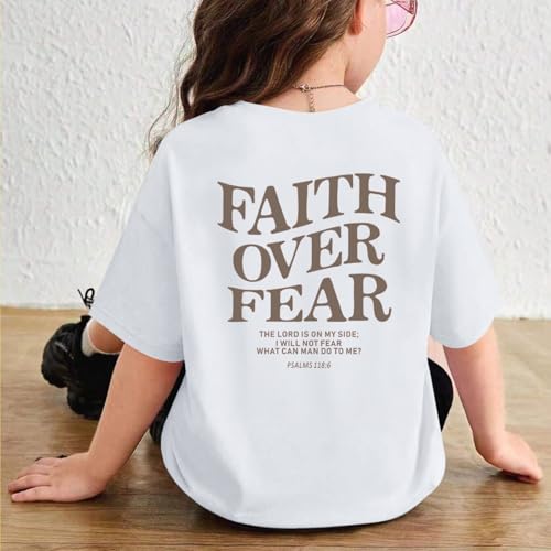 Image of Faith Over Fear Shirt Christian Jesus Tshirts for Girls Religious Inspirational Tees Bible Verse Tops for Kids 3-12