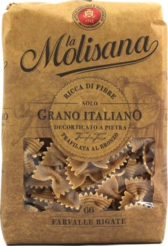 La Molisana, Farfalle Rigate Integrali n. 66, Pasta Integrale da Solo Grano Italiano - Trafilata al Bronzo, Ricca di Fibre, Ruvida e Tenace con Eccellente Tenuta in Cottura - Confezione da 500g