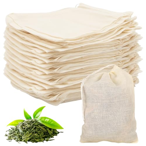 BORISCA 60 PCS Muslin Spice Bags for Cooking Cotton 100%, 8×10cm/4×3in Reusable Tea Filter Bags with Drawstring for Coffee, Pho Soup & HerbsSoup, Spices, Muslin Drawstring Bag