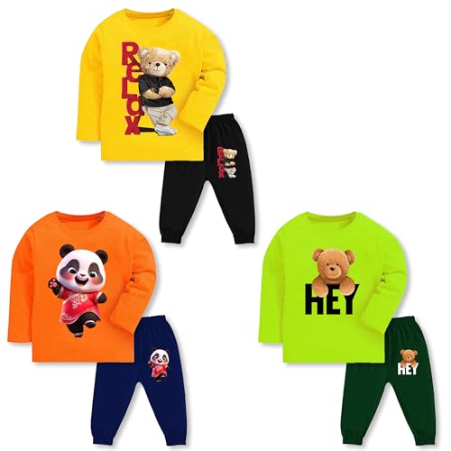Image of TS LAVI TAVI Trendy Printed Unisex Cotton T-Shirt & Pyjama Set | Full Sleeve Top & Track Pant | Boys & Girls | Pack of 3 | Newborn & Kids