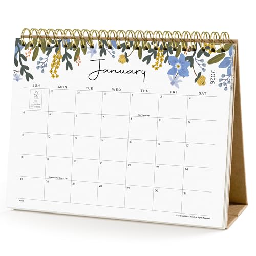 Cabbrix Petit calendrier de bureau 2025, à rabat sur pied, couvre 18 mois, de janvier 2025 à juin 2026, calendrier de bureau rabattable avec autocollants et motif floral, 20,3 x 15,2 cm