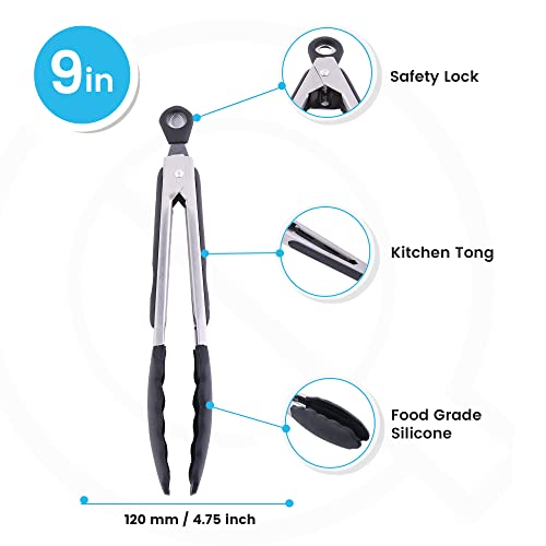 Kitchen Tongs - 9 Inch Kitchen Utensil Cooking Tongs with Padlock System - Easy Grip Food Grade Silicone Tongs for Meat, BBQ, Frying and Serving (9 inch, Black) - Image 3