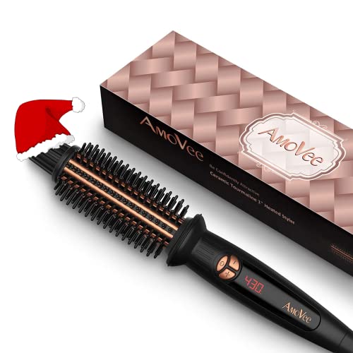 AmoVee Curling Iron 1 Inch, Dual Voltage Travel-Friendly Tourmaline Ceramic Ionic Hair Heated Round Brush, Professional Anti-Scald Instant Heat Up Hot Curling Brush for Long Hair, A Christmas Gift
