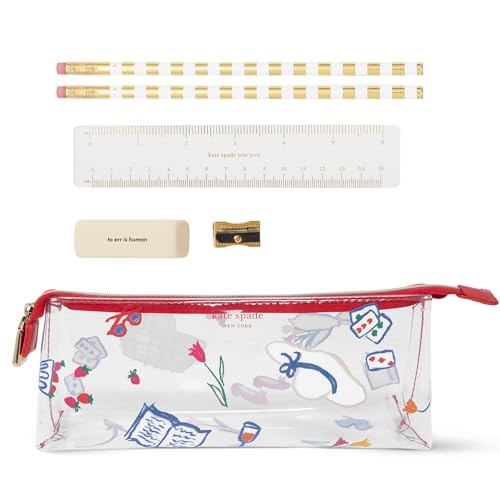 kate spade new york Clear Pen and Pencil Case for Women, Cute Work Stationery, PVC Zip Pouch Includes 2 Pencils, Sharpener, Eraser, and Ruler (Park Picnic)