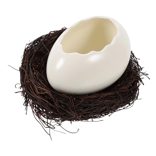 Kichvoe ダチョウ 卵 型 ボウル 鳥 巣 クリエイティブ セラミック 卵 殻 デザート サラダ サービング 皿 籐 ソーサー付き ユニークな テーブル デコレーション フルーツ アイス クリーム 用プリン おやつ