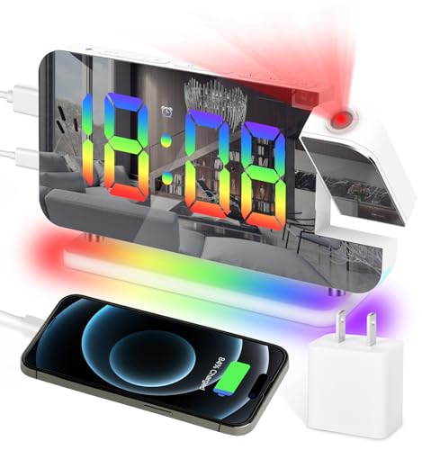 Projection Alarm Clock, Digital Colorful Clock with 180° Rotatable Projector, Mirror Clocks with RGB Night Light,Snooze,12/24H, Dual Charger Port, Auto Dimmer, LED Desk Clock for Bedroom