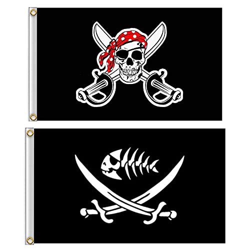 2 PCS Piratenflagge Schädel Fahne Piratenparty Flagge Piratenflagge von Jolly Roger Halloween Dekoration für Piraten Party, Geburtstagsgeschenk, Piraten Tag, Halloween Dekoration(150 x 90CM) Cover