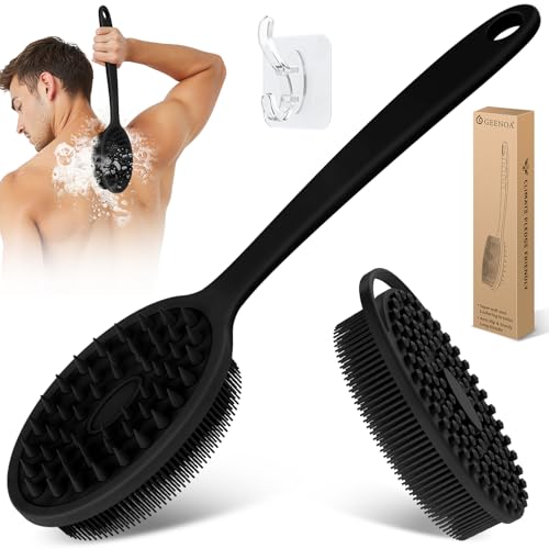 GEENOA Silicone Back & Body Scrubber Set 2PCS, 13.4'' Gentle Exfoliating Back Scrubber with Dual-Side Head and Non-Slip Handle, Hygienic Silicone Loofah with Soft Bristles and Massage Dots(Black-2PC)