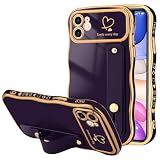 LLZ.COQUE for iPhone 11 Case for Women Girls with Strap, Wave Frame Cute Love-Heart Plating Luxury Bling Stand Cover, Raised Full Camera Soft Silicone Protective Phone Case for iPhone 11, Dark Purple