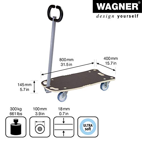 WAGNER Transportroller Transporthilfe I Schichtholz mit Grip 80 x 40 x 14,5 cm, Tragkraft 300 kg I Möbelroller für Umzüge I Deichsel klappbar I Rollbrett softe Rollen I Tragegriffe I FSC® I Made in DE