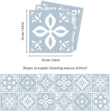 WALPLUS 15cm 24pcs Triana Blue Cemente Wall Tile Stickers Peel and Stick Backsplash Self-Adhesive Vinyl Home Decoration DIY Living Room Splashbacks Spring Easter Decoration Tile Paint Stick on Tiles