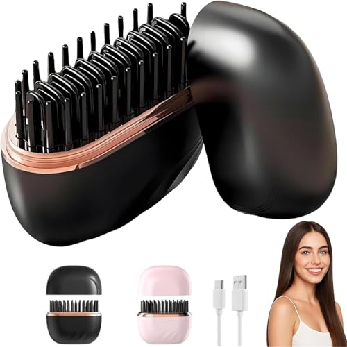 Glambrush Mini Piastra per Capelli, Mini Pettine Lisciante 2 in 1 Senza Fili con Controllo della Temperatura a 3 Velocità, Rivestimento Antiscottatura, Piastra Elettrica per Capelli di (Black)