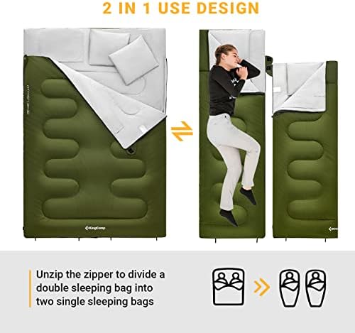 KingCamp Double Sleeping Bag Oxygen with 2 Pillows Queen Size & Extra-Large Rectangular Sleeping Bags for Adults 4 Seasons Waterproof Envelope Sleeping Bag for Camping Festivals Hiking Indoor Outdoor