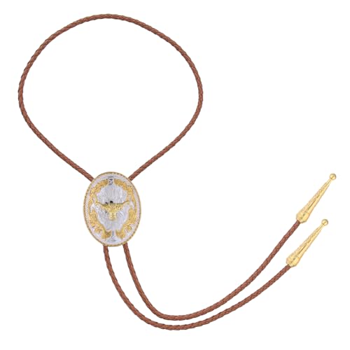 Image of GelConnie Brown Bolo Tie for Men Women Western Ties Mens Gold Bolo Tie Rodeo Cowboy Leather Necktie Cowgirl Tie Wedding
