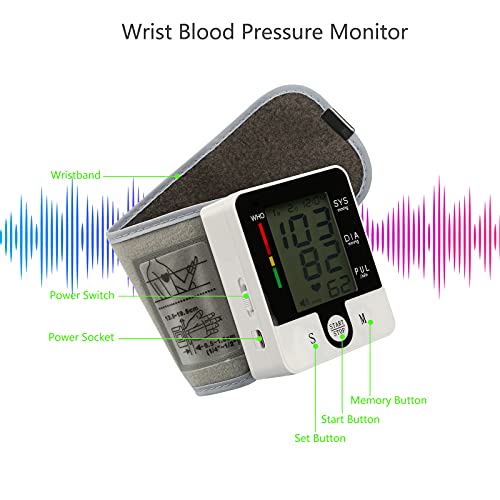 Electric Wrist Blood Pressure Monitor Digital Heart Beat Rate Pulse Meter Voice Alarm Automatic Home Blood Pressure Meter Kit Sphygmomanometers Pulsometer Medical Equipment for Health Care
