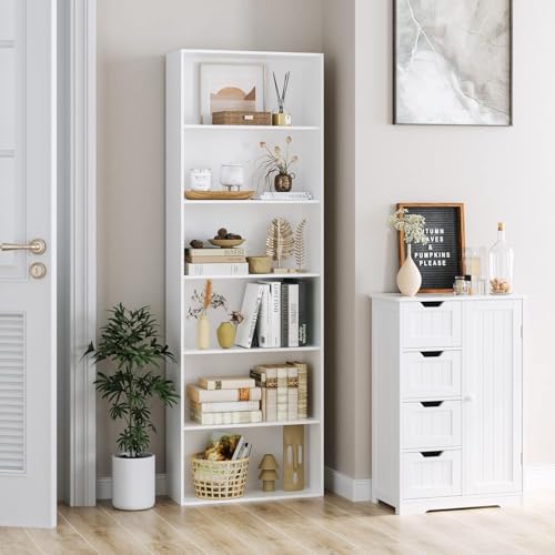 MXV Bookshelf, 6-Tier Open Bookcase, Storage Shelves, Display Storage Shelves, Floor Standing Unit, Home Decor, Furniture for Home Office, Living Room, Bedroom, White2