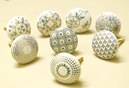 ARTISNO Lot de 8 boutons de porte en céramique doré et blanc crème – Assortiment de motifs vintage et shabby chic pour meubles d'intérieur, armoire, placard, tiroir