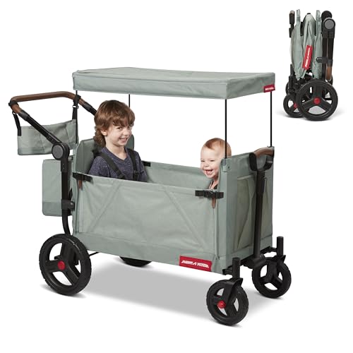 Radio Flyer Atlas Stroll N Wagon Sage Green for Ages 1+ 3-in-1 Push or Pull Versatility One-Hand Fold UV Canopy 5-Point Harnesses Storage Capabilities Rubber Wheels Stroller Wagon for Kids