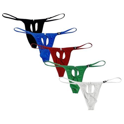 Gogobear Mens 5-color Sexy Open Front Pouch Briefs Spaghetti Strap Backless G-String Bikini Thong Underwear with Loop, L