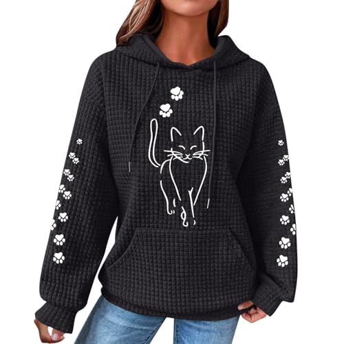 Ybing Sweatshirt à capuche à motif gaufré pour femme - Hoodie à motif de pattes de chat - Sweat à capuche décontracté avec cordon de serrage - Haut à manches longues et poche - Sweat-shirt à capuche