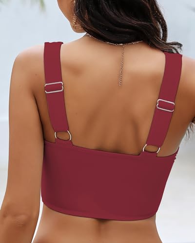 Image of GRAPENT Bikini Tops for Women Cropped StrapCore Tankini Tops Beach Padded Knot Twist Cut Out Adjustable Swimwear Top Only
