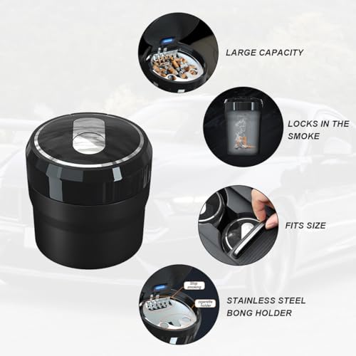 Image of DXNQ Car Ashtray with Lid, Easy Clean Up Detachable Smokeless Ashtray with LED Blue Light, Portable Mini Ash Tray Cup Holder for Car Home Office Travel, Interior Auto Accessories (Black, Small)