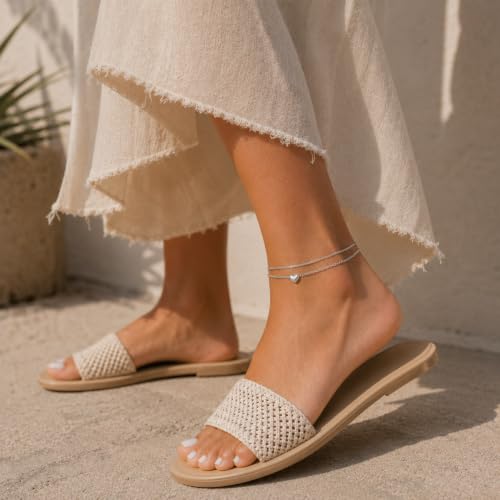 Image of CHIC & ARTSY 925 Sterling Silver Ankle Bracelets for Women, Adjustable Double Layer Chain Anklets, Minimalist Lightweight Foot Jewelry for Beach & Everyday Wear
