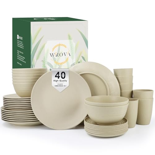 Wrova Unbreakable Dinnerware Sets 40 PCS Reusable Plastic Plates and Bowls Sets Service for 8 | Microwave Safe Dishes for Kitchen Lightweight Dish Set for RV Outdoor Activities Travel - Beige