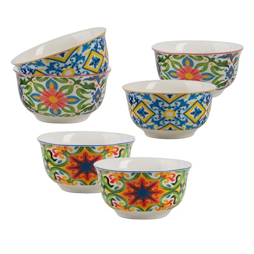 Baroni Home Set 6 Ciotole in Ceramica Decorazione Maioliche, Ø12 cm, Altezza 7 cm – Stile Maiolica Colorata, Perfette per Colazione, Snack, Dessert o Aperitivi