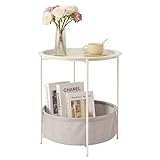 VECELO サイドテーブル トレイテーブル 収納かご付き コーヒーテーブル 47×47×50.5cm 折りたたみ式 ベージュ ソファ横 丸 北欧 お洒落 シンプル コンパクト