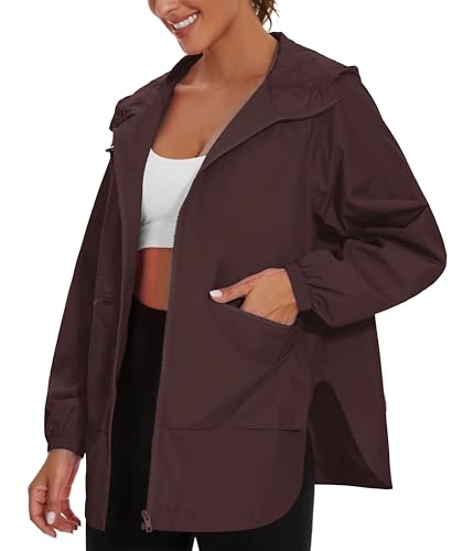 PESION Women Brown Waterproof Lightweight Rain Jacket Active Outdoor Hooded Raincoat, Coffee, Medium