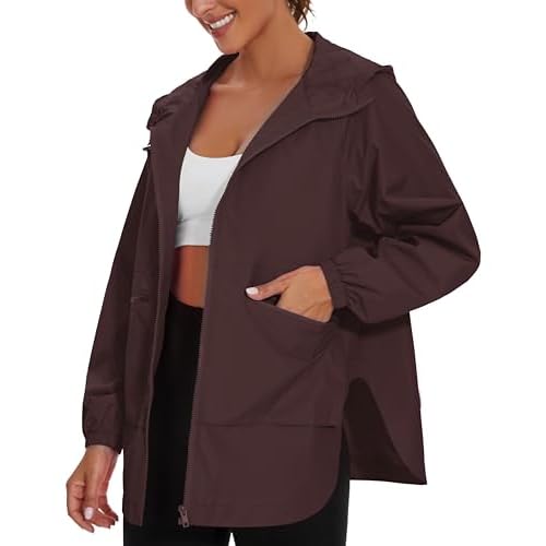 PESION Womens Waterproof Raincoat Lightweight Rain Jacket Trench Coat Hooded Windbreaker With Pockets for Outdoor Coffee XX-Large