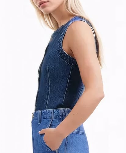 D-Sun Women Denim Vest Sleeveless Crewneck Button Down Jean Waistcoat Casual Front Slit Slim Denim Tank Top2