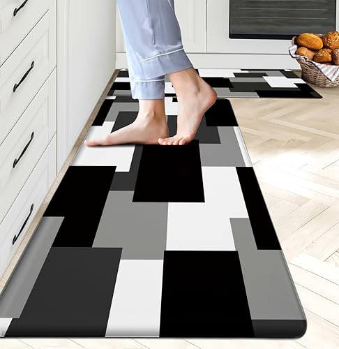 Tyrot Black Grey Kitchen Rugs Set Of 2 Cushioned Anti Fatigue Kitchen Mats For Floor Non-Slip Waterproof Kitchen Floor Mats Geometric Ergonomic Cushioned Comfort Standing Mat For Laundry cover