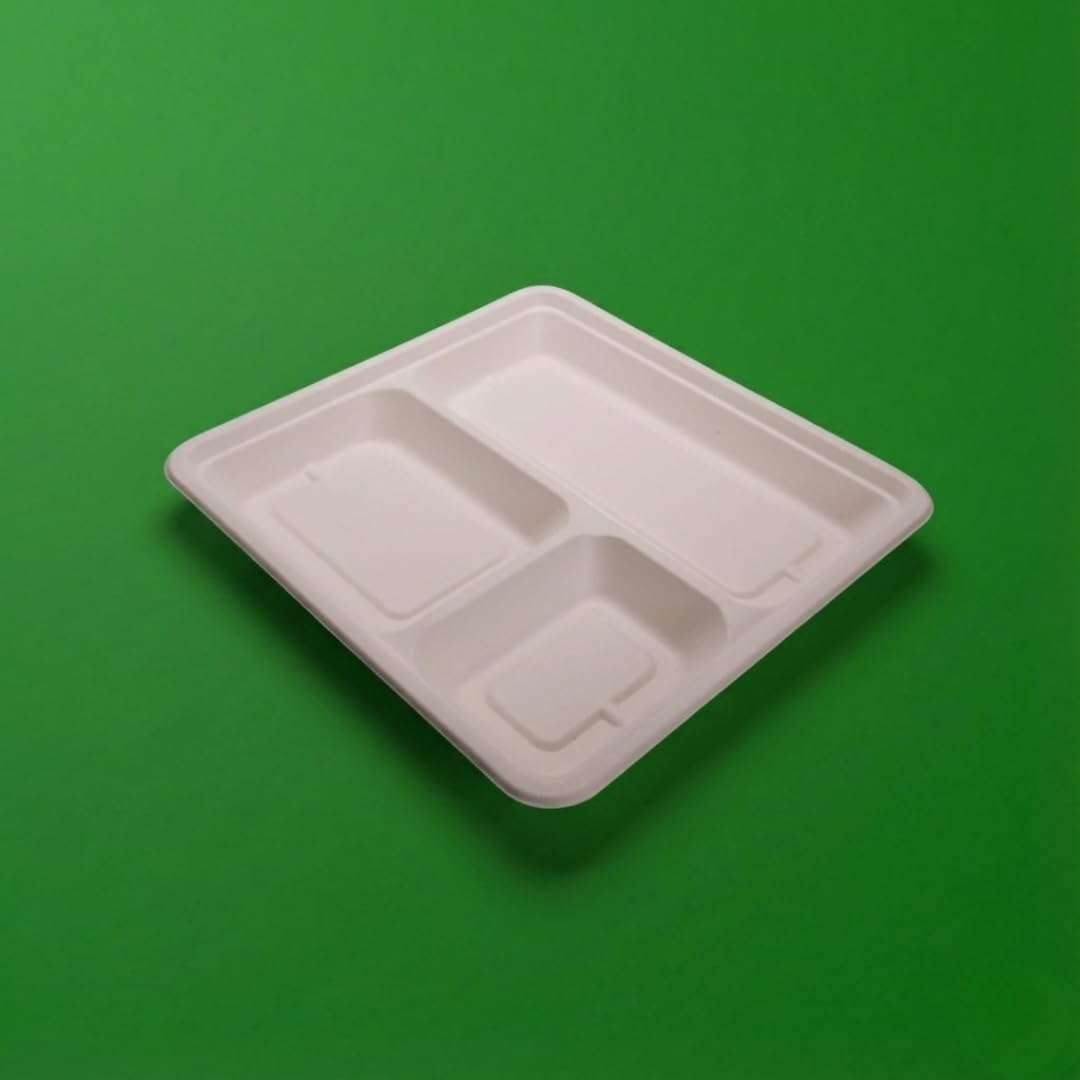Bagasse Disposable Meal Tray | Heavy Duty Sturdy Plates for Lunch, Dinner & Party Use | Heat-Safe, Leak-Resistant Food Serving Trays (9 Inch 3 Compartment Square - 50Pcs)