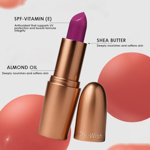 Image of One Wish Creamy Matte Lipstick Long Lasting for Women - Plum Lush Shade 04 | Full Coverage | Creamy Formula | No Flaky Lips | No Dryness | High-Pigment | SPF | Vitamin E, Almond Oil & Shea Butter for Moisturising Lip | 8 Hrs Lasting | Smooth Finish | 3.8 gm