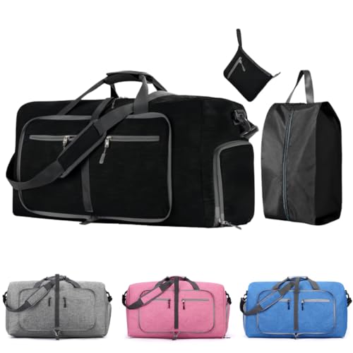 Travel Bag Gym Bag Folding Boston Bag Duffel Bag Carry On Large Capacity 65L Waterproof With Shoe Bag No Logo (Black, 24.8inch×11.4inch×13.8inch)