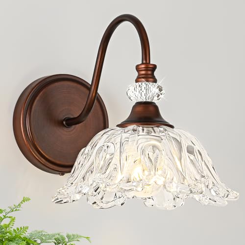 Image of 1-Piece Antique Red Bronze Vintage Wall Sconce with Floral Clear Glass Shade, Farmhouse Wall Mount Lighting for Bathroom,Vintage Bathroom Vanity Light Fixtures