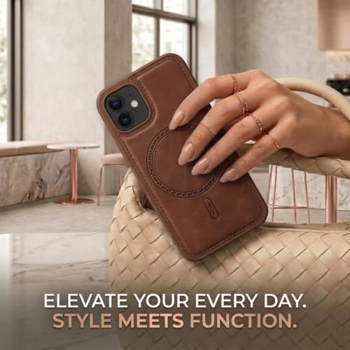Image of amazon basics Premium PU Leather Case for iPhone 12, MagSafe Compatible Magnetic Ring, Sleek Protective Back Cover - [Brown]