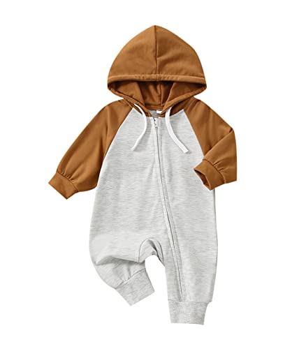 Image of VISGOGO Newborn Baby Boys Girls Rompers Contrast Color Long Sleeve Zipper Hooded Jumpsuits Playsuits Pants Overalls